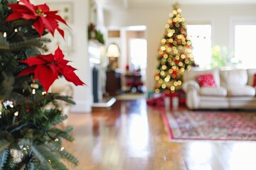 A festive holiday scene with a decorated Christmas tree in the background, leaving empty space in the foreground for text.
