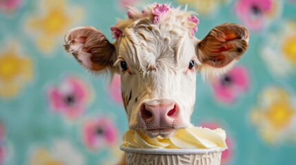 Sweet Vanilla Delight - A Cow Enjoying a Scoop of Ice Cream in Summer Pasture