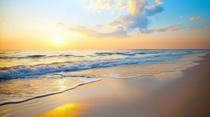 Fototapeta premium A serene beach scene at sunset with smooth sand and ample space in the sky for adding text.