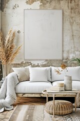 A cozy living room with a blank canvas on the wall, providing a perfect space for promotional text.
