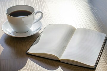 Fototapeta premium A clean office desk with a blank notebook and a cup of coffee, leaving ample space for adding text.