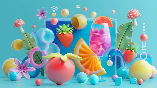 5. Produce a comprehensive sticker page featuring an assortment of objects transformed into captivating 3D visuals, with customizable text areas for personalization.