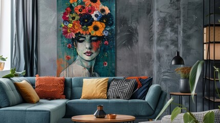 Portrait of a woman with flowers, asbstract paining style poster, living room deco art.
