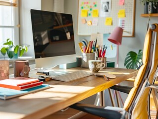 A creative home office space with a large wooden desk, an adjustable office chair, and a computer. The desk is decorated with colorful stationery, a coffee mug, and a plant. The background includes