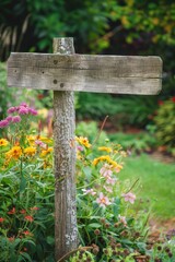 A serene garden with blooming flowers and a blank wooden signpost, ideal for adding text or directions.
