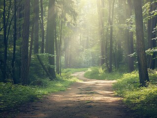 A tranquil forest path with dappled sunlight filtering through the trees, leaving ample space for text in the sky. - Powered by Adobe