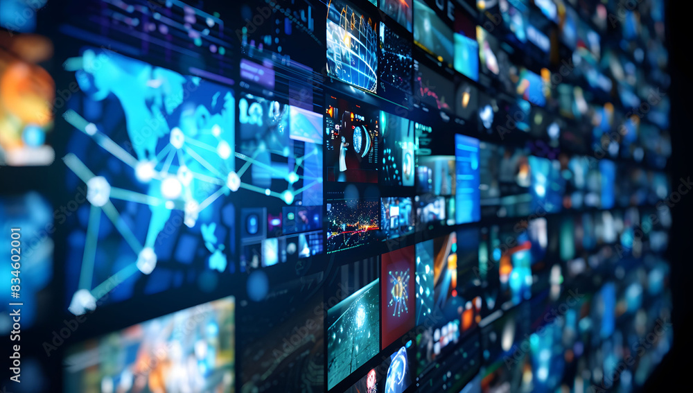 Poster abstract dynamic background of digital screens displaying news and media, symbolizing growth in onli