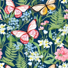 Seamless spring floral pattern with colorful butterflies and vibrant flowers on a dark blue background.