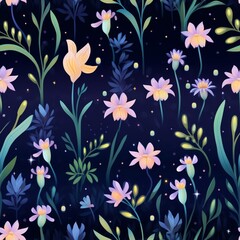 Seamless floral pattern with pastel-colored flowers, leaves, and buds on a dark background. Ideal for textiles and wallpapers.