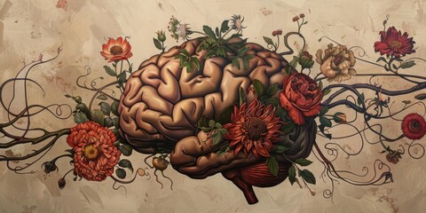 Surreal Artwork of Human Brain with Colorful Flowers and Vines, Symbolizing Growth and Creativity
