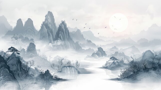 Elegant landscape depiction of misty mountains and a winding river in Chinese ink painting art