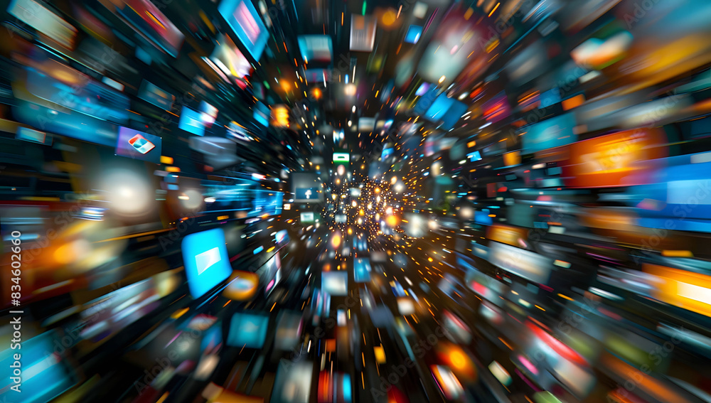 Poster abstract dynamic background of digital screens displaying news and media, symbolizing growth in onli