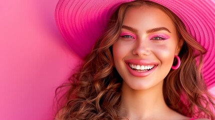 Fototapeta premium A woman in a pink hat and pink dress smiles at the camera