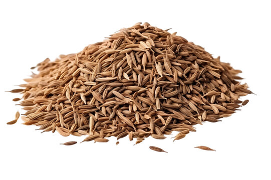 Close-up of a pile of cumin seeds on a white background, perfect for culinary, cooking, and spice-related projects. High-quality image.