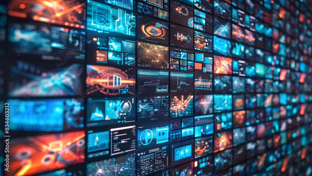 Poster abstract dynamic background of digital screens displaying news and media, symbolizing growth in onli