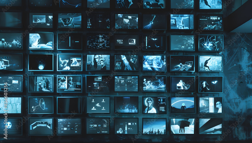 Poster abstract dynamic background of digital screens displaying news and media, symbolizing growth in onli