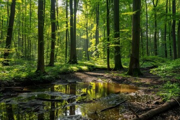 Obraz premium A serene forest scene with tall trees, lush greenery, and a small stream running through the middle. The sunlight filters through the leaves, creating dappled patterns on the forest floor.