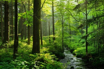 A serene forest scene with tall trees, lush greenery, and a small stream running through the middle. The sunlight filters through the leaves, creating dappled patterns on the forest floor.