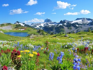 A picturesque mountain landscape with snow-capped peaks, a crystal-clear lake, and a field of colorful wildflowers in the foreground. The sky is a vibrant blue with a few fluffy clouds. © tantawat