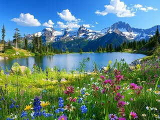 A picturesque mountain landscape with snow-capped peaks, a crystal-clear lake, and a field of colorful wildflowers in the foreground. The sky is a vibrant blue with a few fluffy clouds. © tantawat