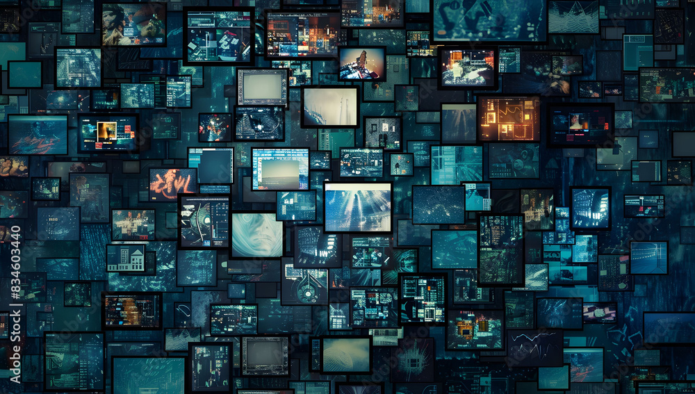 Poster abstract dynamic background of digital screens displaying news and media, symbolizing growth in onli