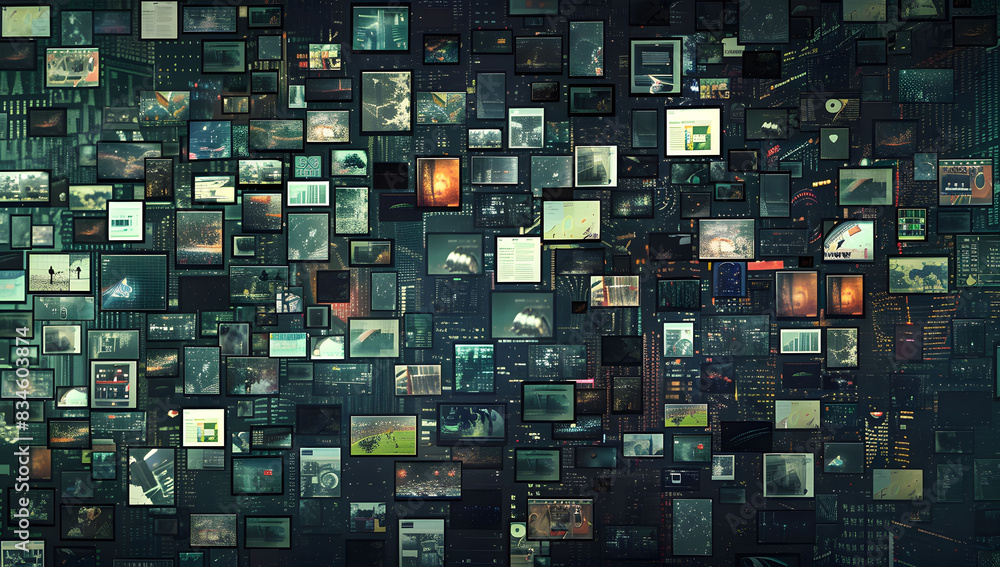 Poster abstract dynamic background of digital screens displaying news and media, symbolizing growth in onli