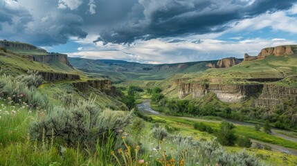 A lush green valley with a winding river, towering cliffs, and a few scattered wildflowers. The sky is filled with dramatic clouds, hinting at an approaching storm.