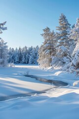 Obraz premium A tranquil snowy landscape with snow-covered trees, a frozen lake, and a clear blue sky. The sunlight glistens on the snow, creating a serene and peaceful scene.
