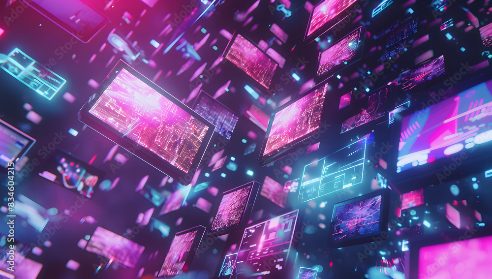 Poster abstract dynamic background of digital screens displaying news and media, symbolizing growth in onli