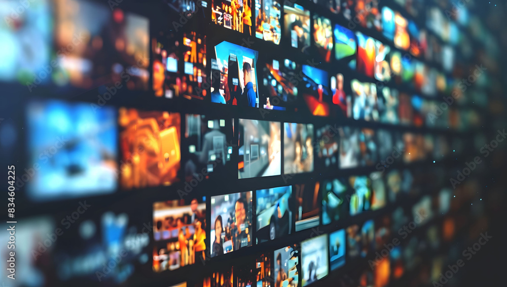 Poster abstract dynamic background of digital screens displaying news and media, symbolizing growth in onli