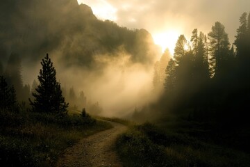 A misty morning in the mountains, with fog rolling over the peaks, a winding path leading through the trees, and the sun just beginning to rise. The scene is calm and ethereal.
