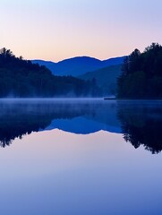 Fototapeta premium A tranquil lake at dawn, with still water reflecting the surrounding trees and mountains, and a soft mist rising from the surface. The sky is a gradient of colors as the sun begins to rise.