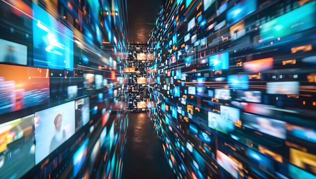 Abstract dynamic background of digital screens displaying news and media, symbolizing growth in online video and streaming services. Ideal for illustrating technology, media, or advertising concepts.