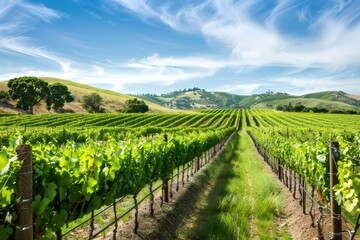 Fototapeta premium A picturesque vineyard with rows of grapevines, rolling hills in the background, and a bright blue sky. The grapes are ripe and ready for harvest, creating a scene of abundance and beauty.