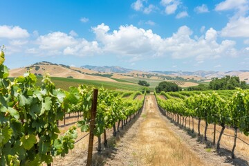 Naklejka premium A picturesque vineyard with rows of grapevines, rolling hills in the background, and a bright blue sky. The grapes are ripe and ready for harvest, creating a scene of abundance and beauty.