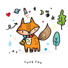 Hand drawing doodle cute fox,Cute  fox in simple cartoon style,Winter vector seamless pattern with cute fox and Christmas decorations,Seamless pattern for Fashion print design