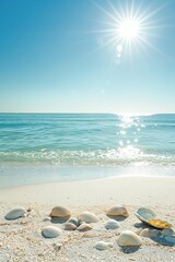 A tranquil beach scene with turquoise water, white sandy shore, and a few scattered seashells. The sun is high in the sky, casting a bright light over the scene.