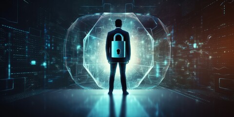 Cyber security network. Padlock icon and internet technology networking. Businessman protecting data personal information on laptop. Internet network security and data protection privacy