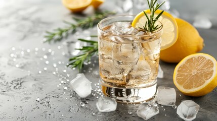 Fototapeta premium A glass holding ice, lemons, and a handful of wedges, accompanied by a sprig of rosemary atop ice cubes on the table