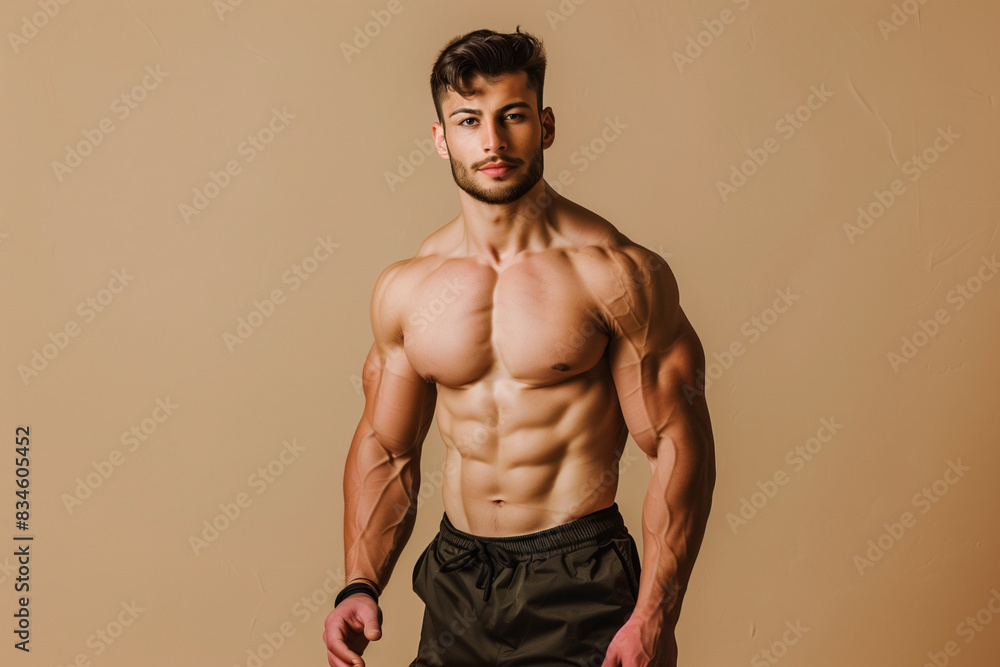 Wall mural A man with a muscular body poses for a picture. He is wearing black shorts and a black shirt