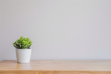 A minimalist background with a white wall and a small potted plant on a sleek wooden table, leaving ample space for text in the center.
