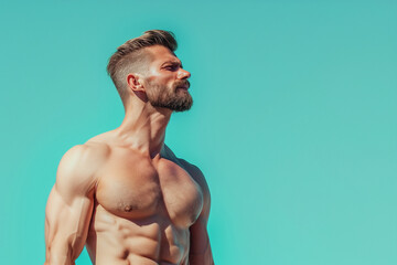 Fototapeta premium A muscular man stands in front of a blue wall. He is posing for a picture, and his chest is showing