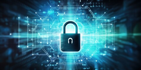 Digital padlock icon, cyber security network and data protection technology on virtual interface screen. Online internet authorized access against cyber attack