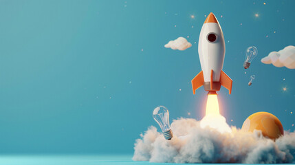 the rocket's ascent paired with the light bulb illustrates the journey of a business startup aiming for success.