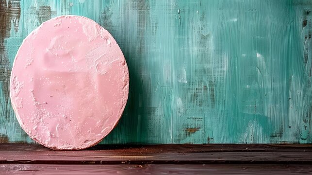 A pink artwork sits atop a wooden floor The surrounding wall is painted green and teal, and the floor beneath features a wooden plank surface