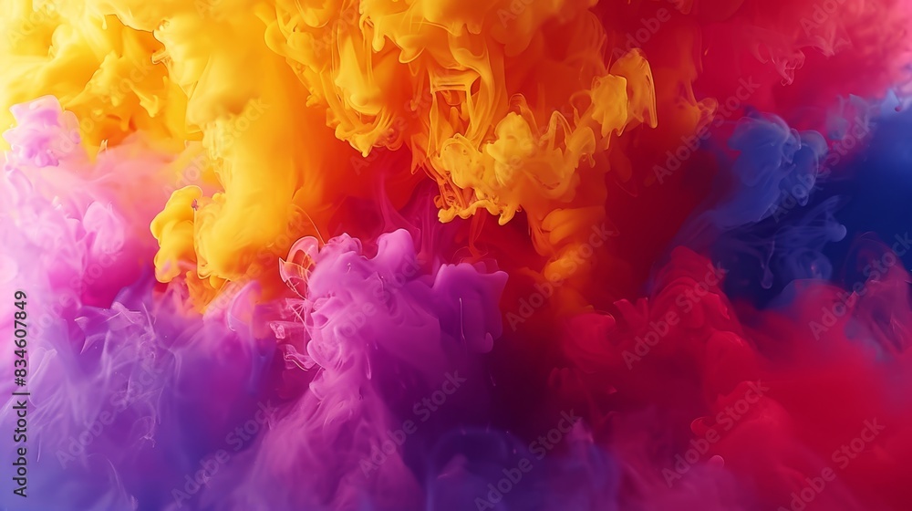 Wall mural  A multicolored smoke plume rises from the bottom, consisting of red, yellow, pink, and purple hues, against a clear blue sky