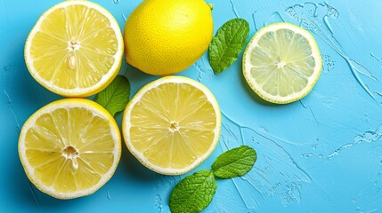  A collection of lemons arranged together on a blue surface Their tops are adorned with green leaves, while each lemon is split in two