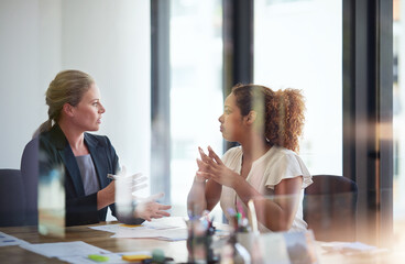 Woman, client and financial advisor in meeting for consulting, discussion and talking for investment. Glass, explaining and accountant in office speaking of taxes, advice and feedback with contract