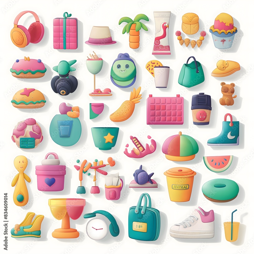 Poster 14. craft a sticker page featuring an assortment of items depicted in vibrant 3d designs, with space