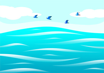 sea ​​view on a clear day and some birds in the sky vector design